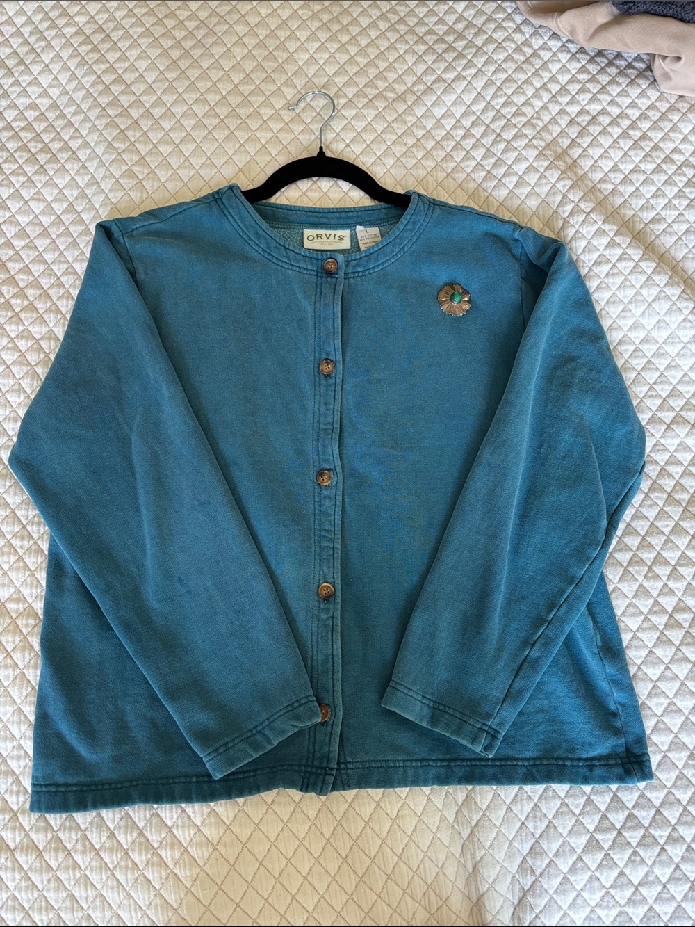 Orvis Teal Crewneck Button-Front Sweatshirt Jacket